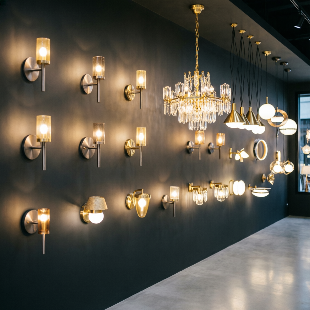 Auriga Lights showroom display wall — Troop Bazar Hyderabad
