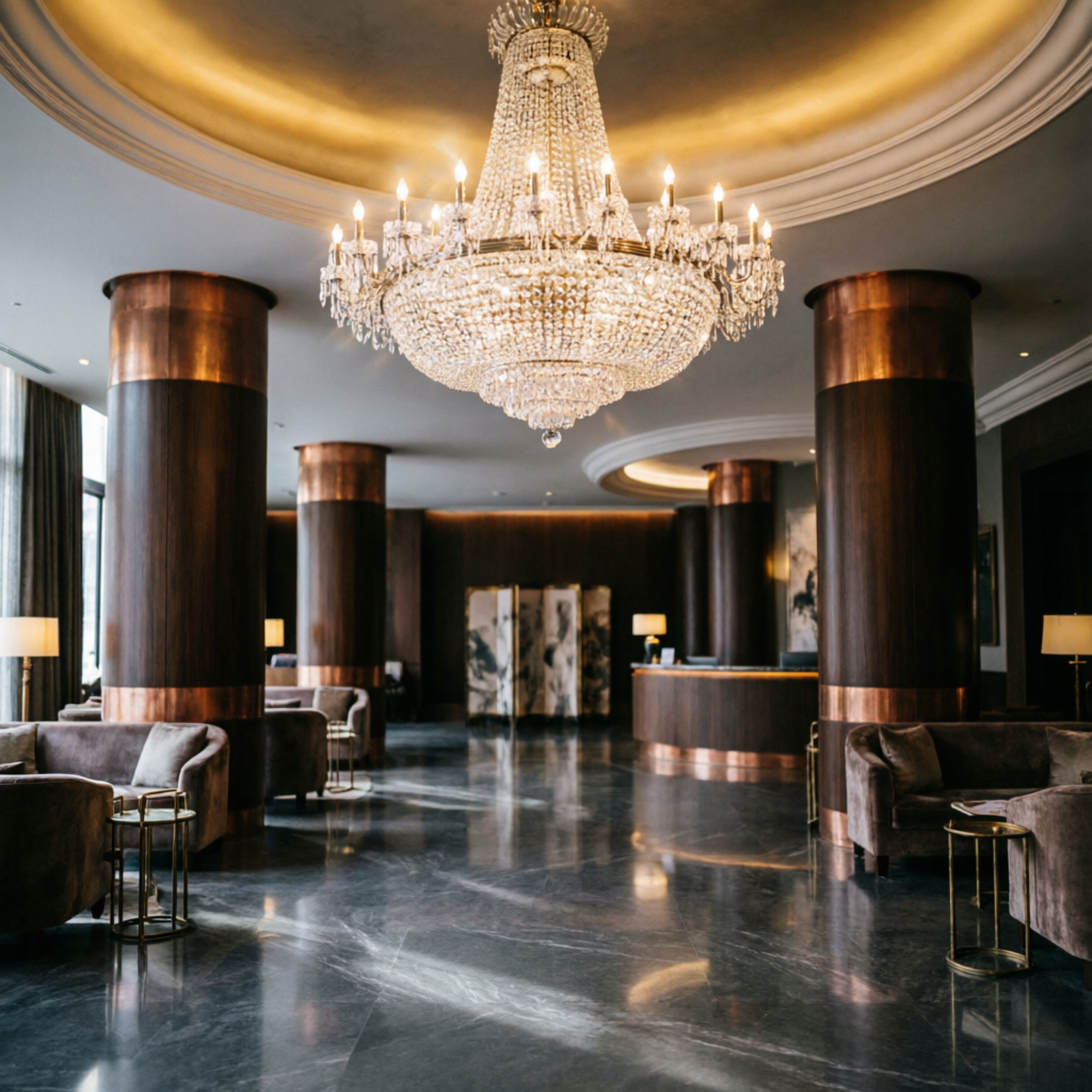Hotel lobby crystal chandelier — hospitality lighting Hyderabad
