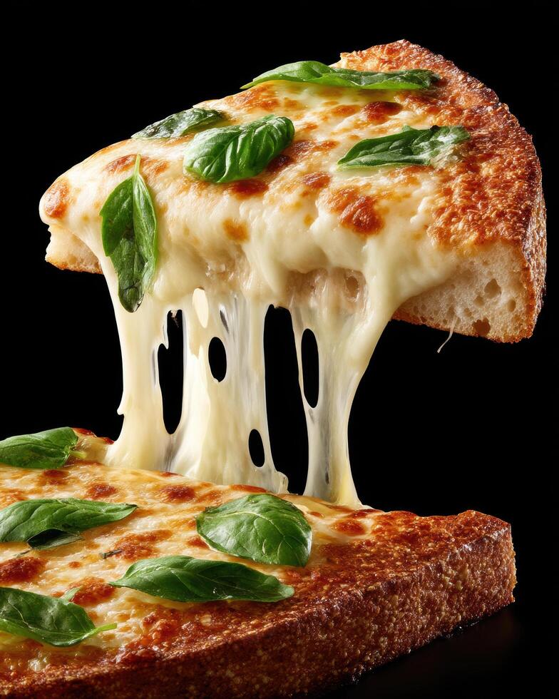 Porción de pizza Tres Quesos con el queso estirándose