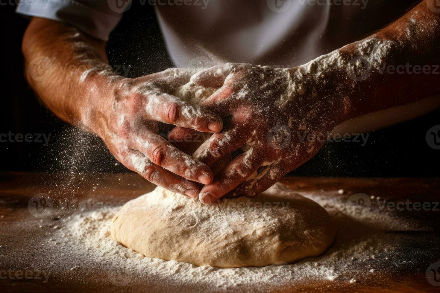 Manos de pizzaiolo trabajando la masa con harina
