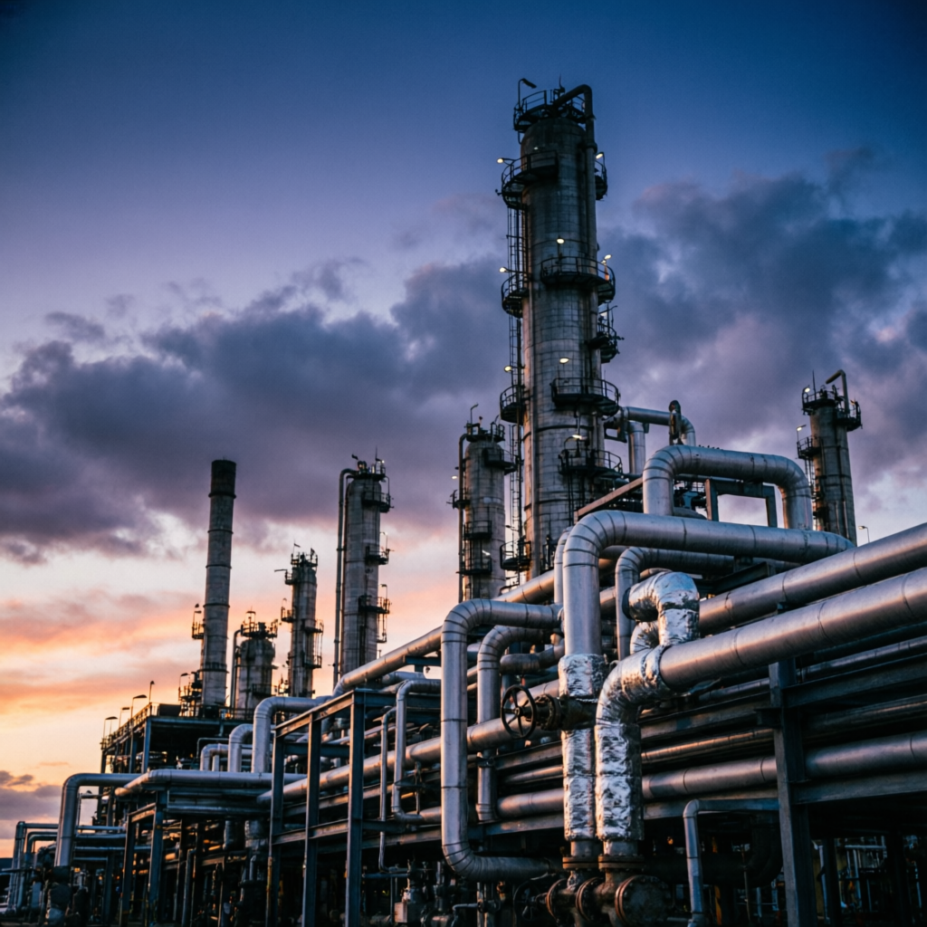 Petrochemical refinery with distillation columns and pipe systems