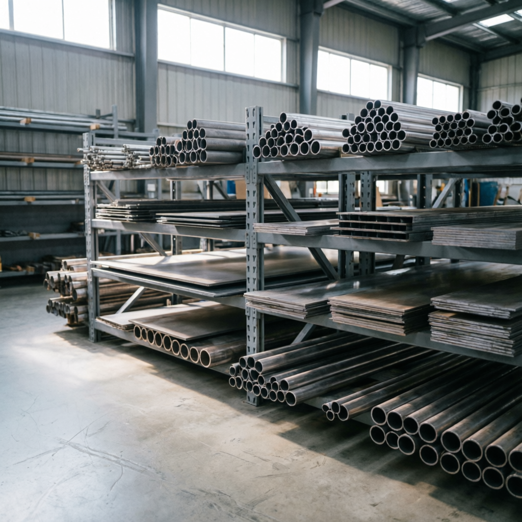 Organized stockyard of stainless steel bars, sheets and pipes at SETCO Metals LLP, Mumbai
