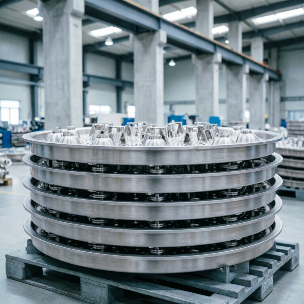 Stainless steel distillation trays with bubble caps