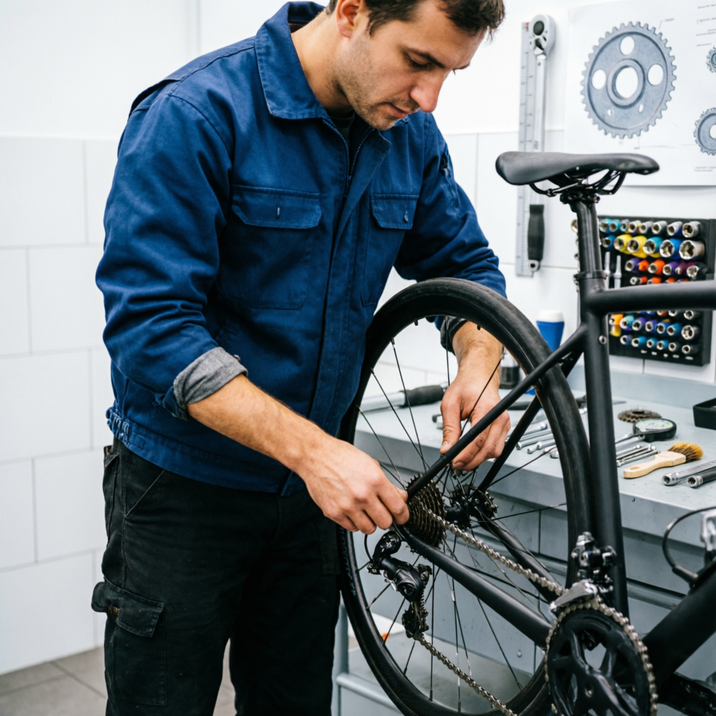Bicycle mechanic repairing bike