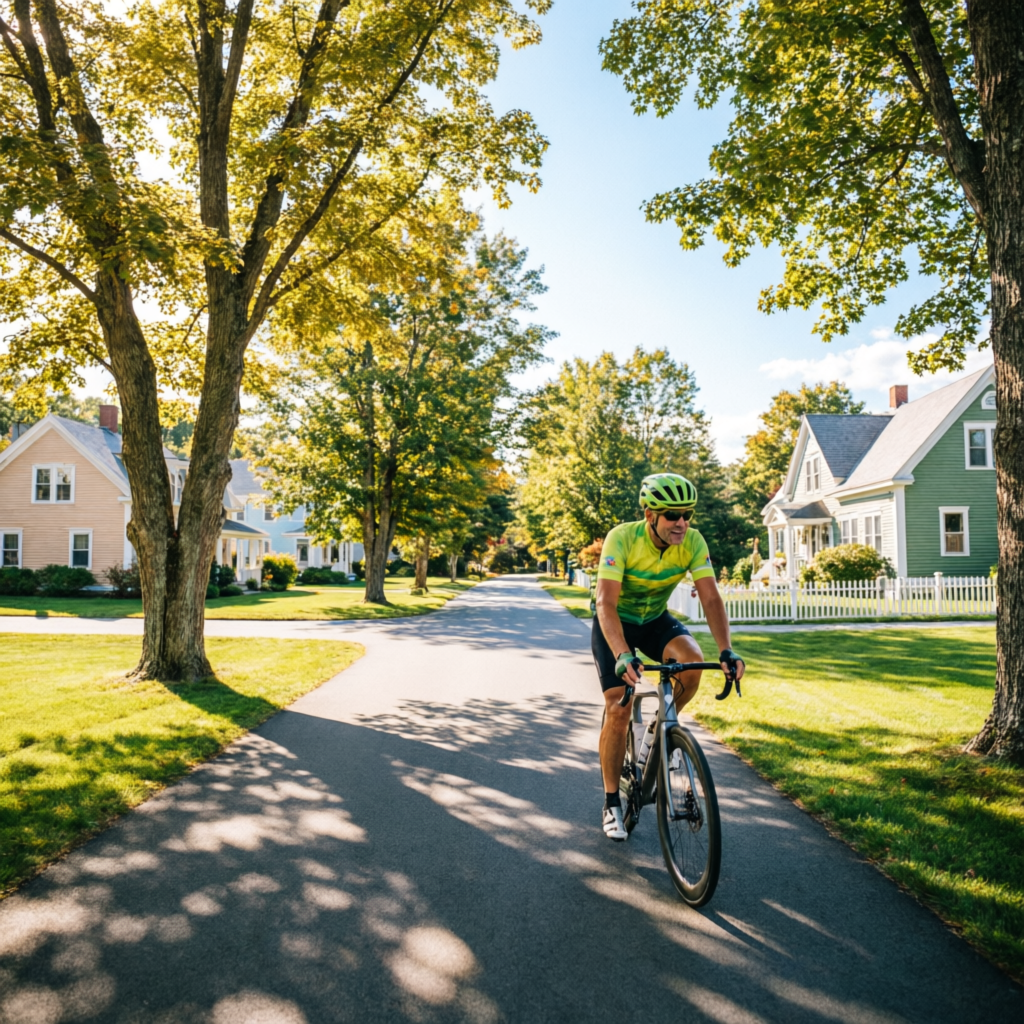 Cyclist riding through neighborhood