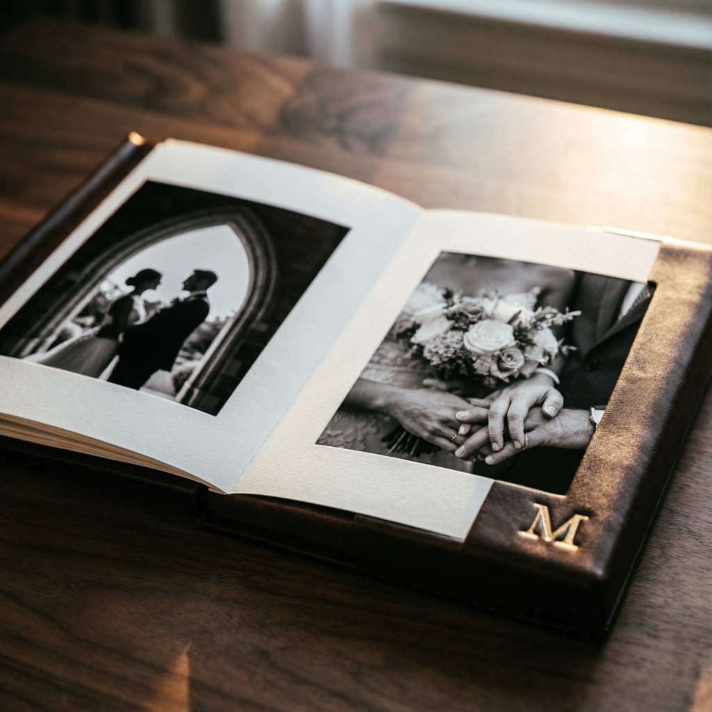Custom leather heirloom photo album with gold embossing on a dark table