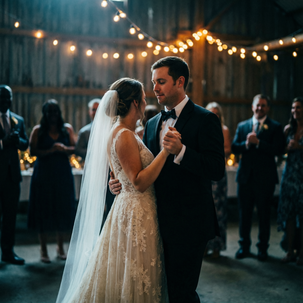 Wide 35mm view: the couple's first dance in a string-lit barn