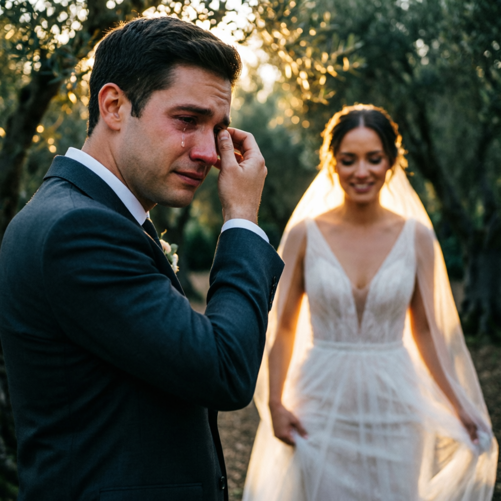 Groom wiping a tear during the first look as the bride approaches