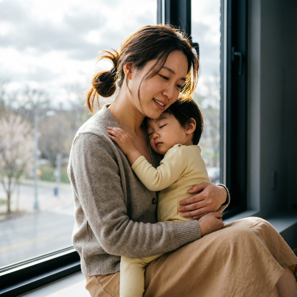 Mother cradling a sleeping toddler by a window