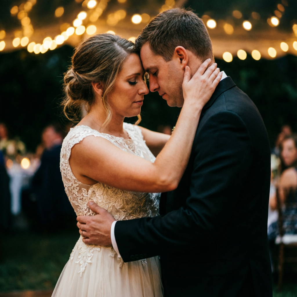 Tight 85mm view: couple's foreheads touching during the first dance