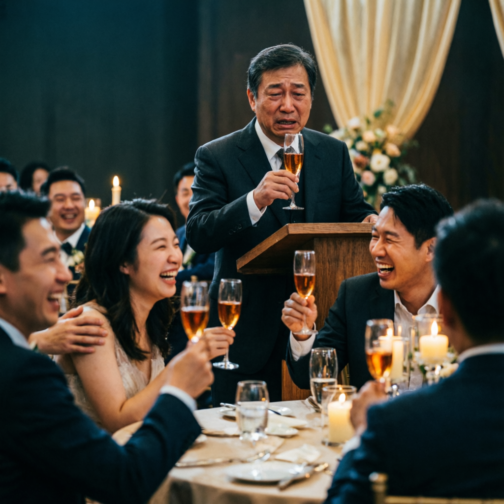 Father giving a toast as guests laugh and raise their glasses