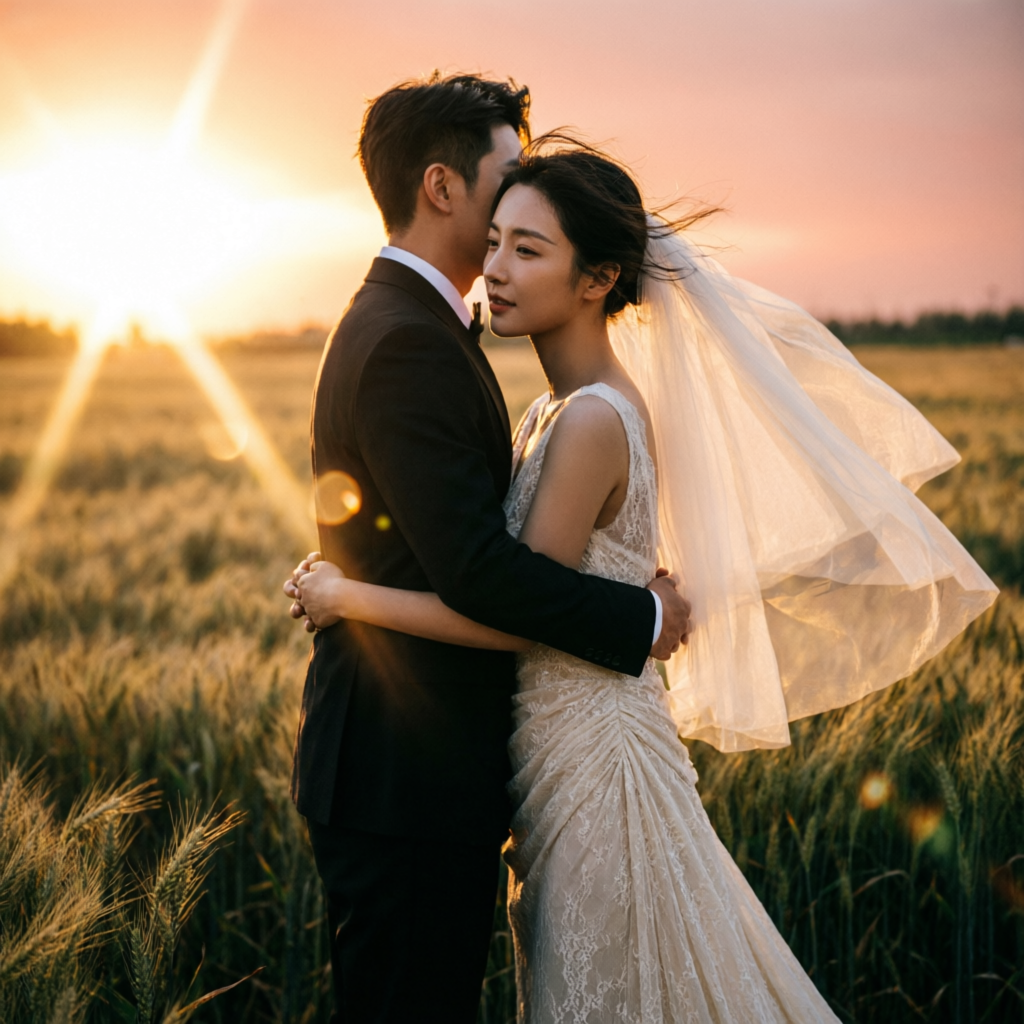 Bride and groom embracing in a golden-hour field, veil drifting in the wind