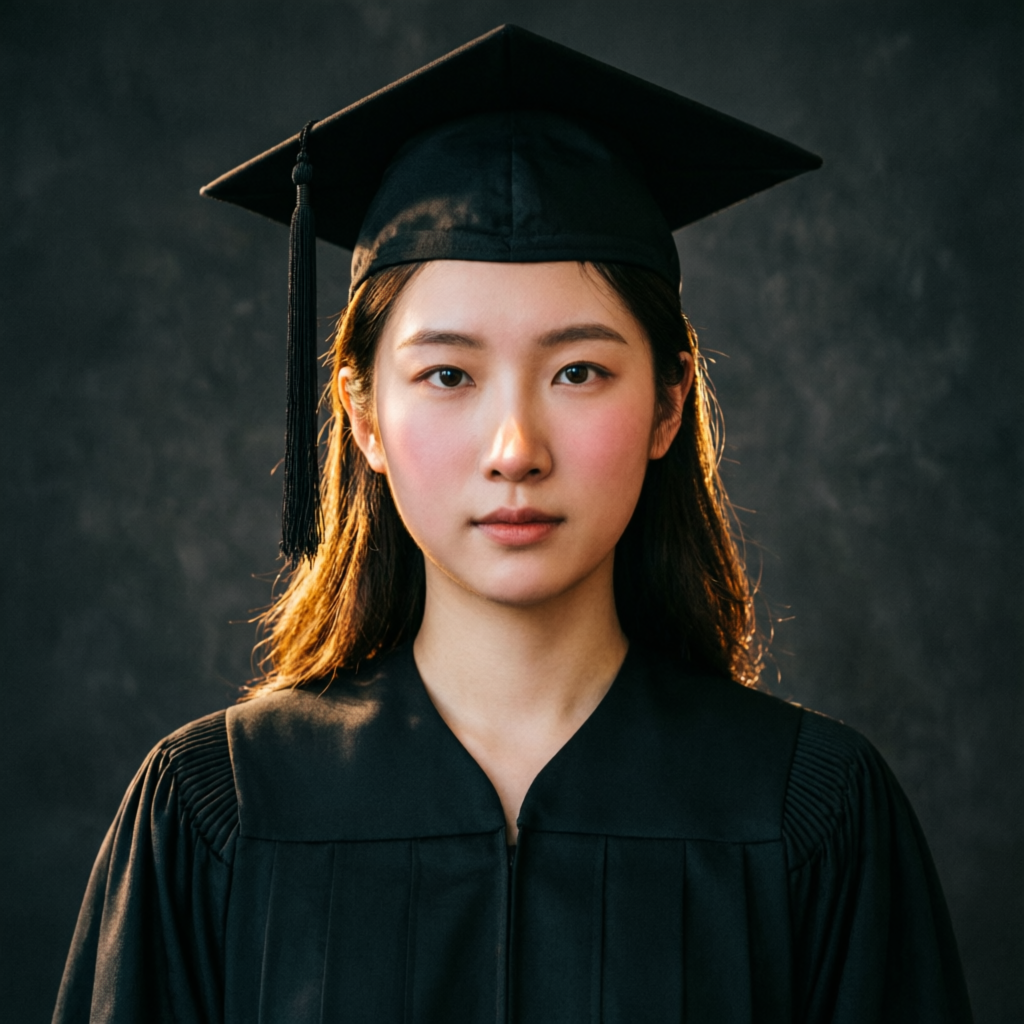 Fine art editorial portrait of a graduate in dramatic light