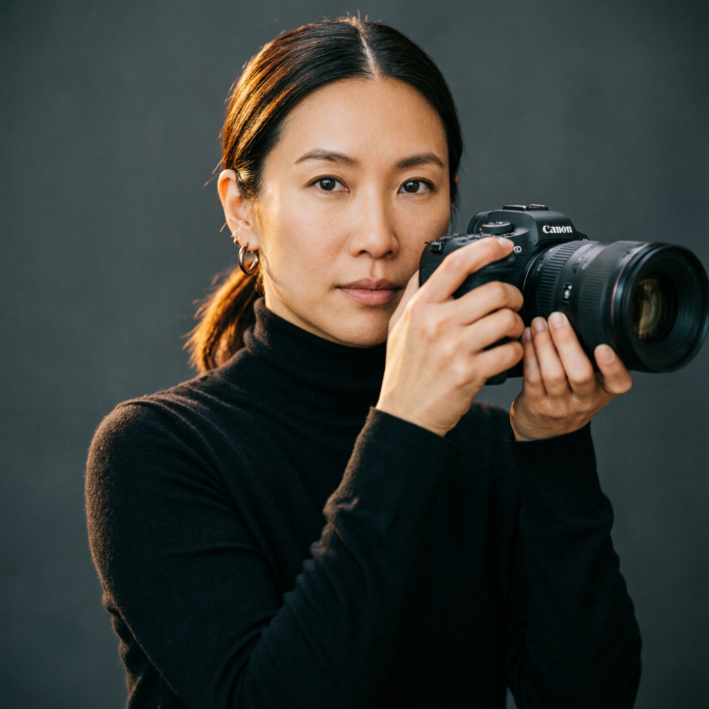 Mariola, female documentary photographer, holding a full-frame camera