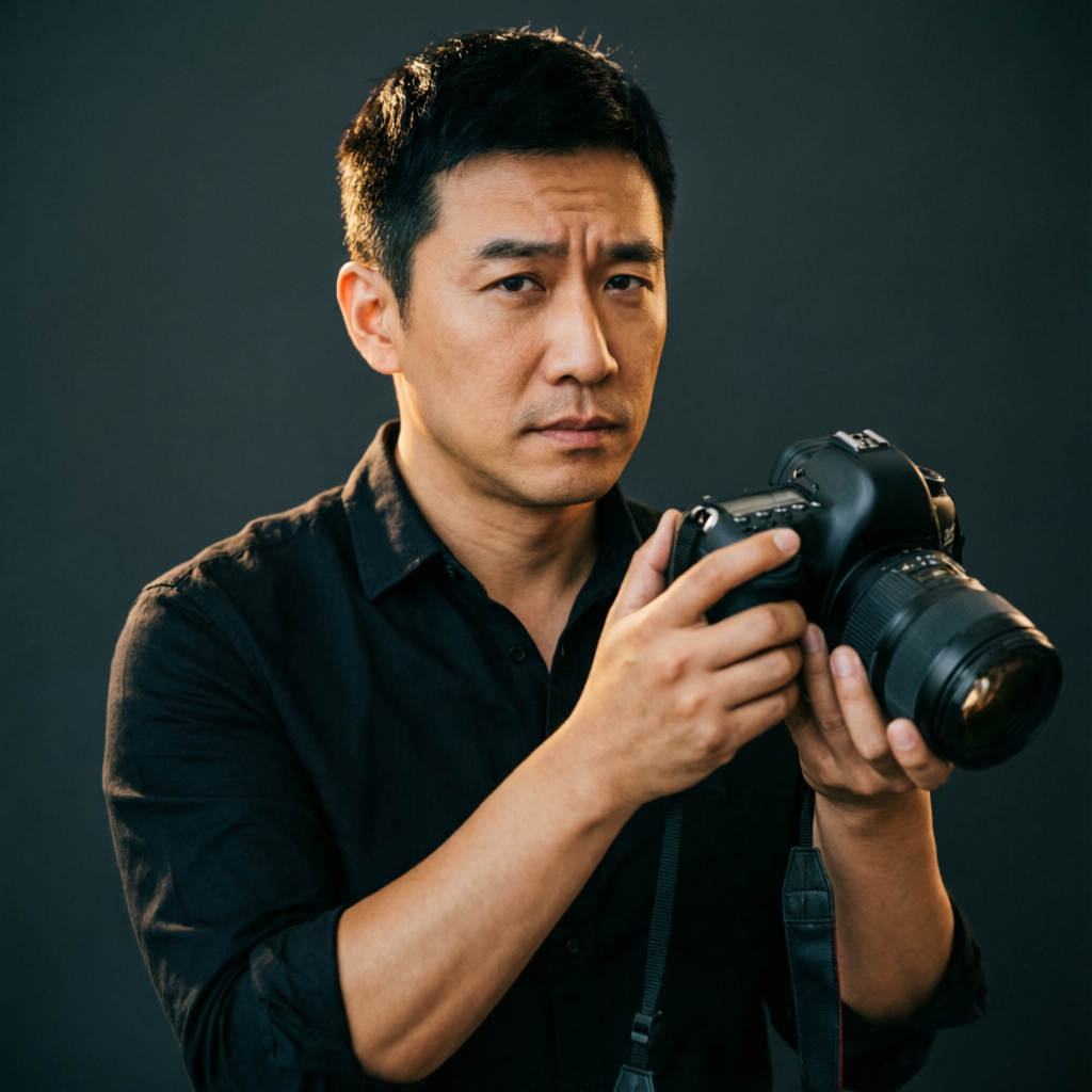Kacper, male documentary photographer, holding a full-frame camera