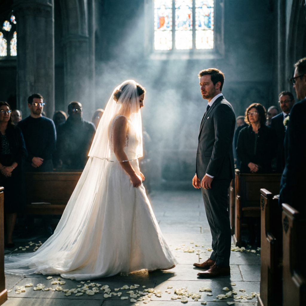 Bride walking down a hazy aisle toward the groom