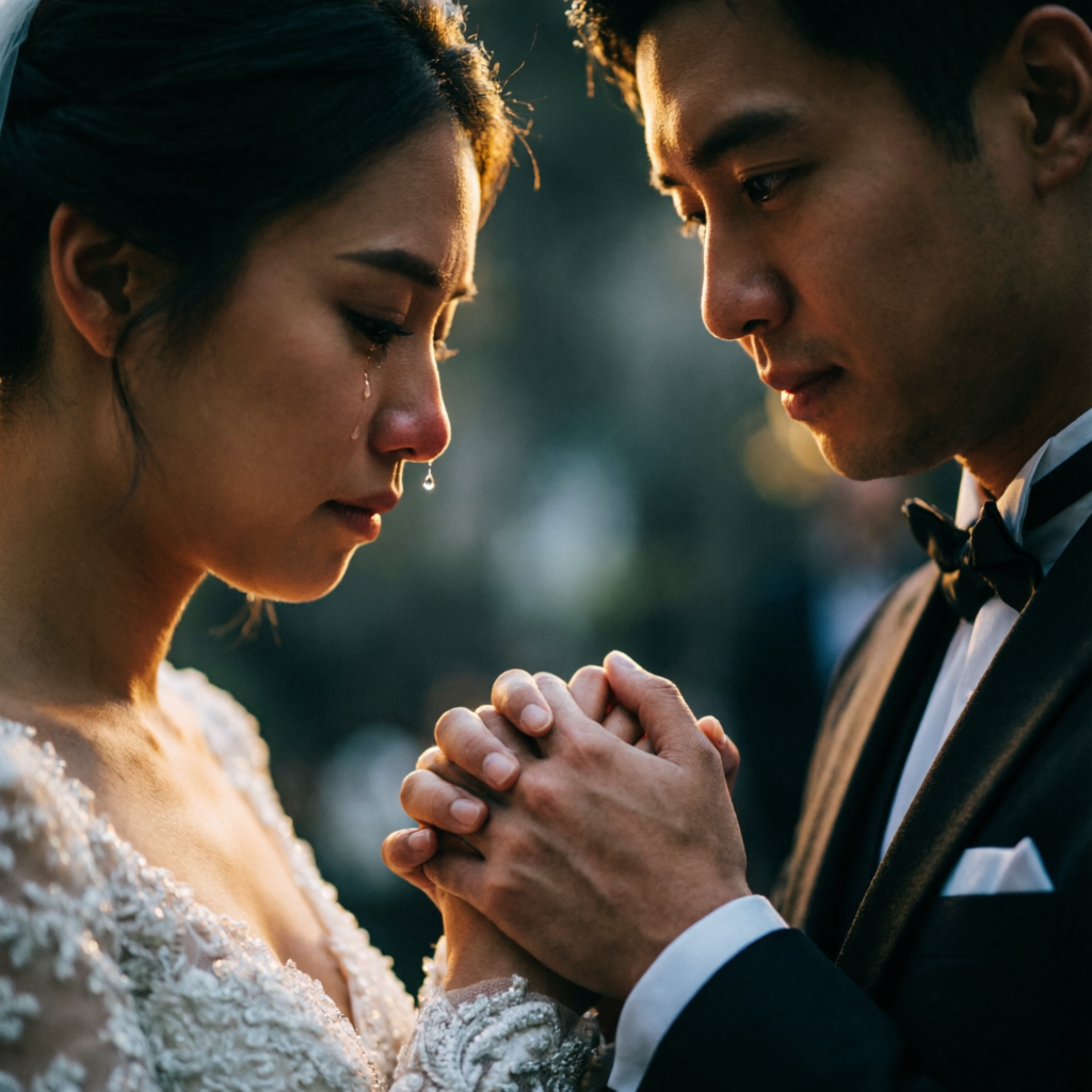 Close-up of bride and groom holding hands during vows, a tear falling