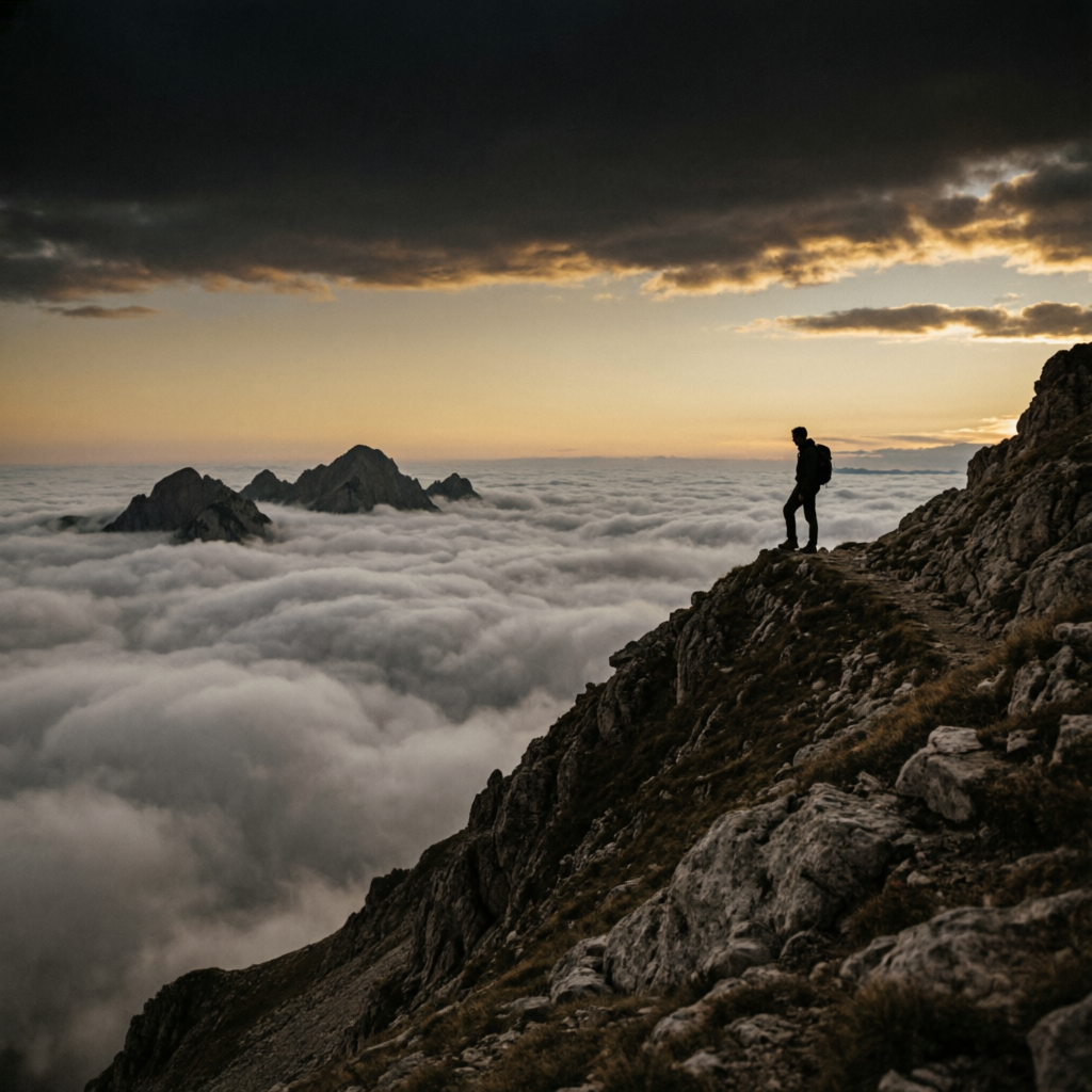 Lone hiker on a mountain ridge above a sea of clouds at dusk