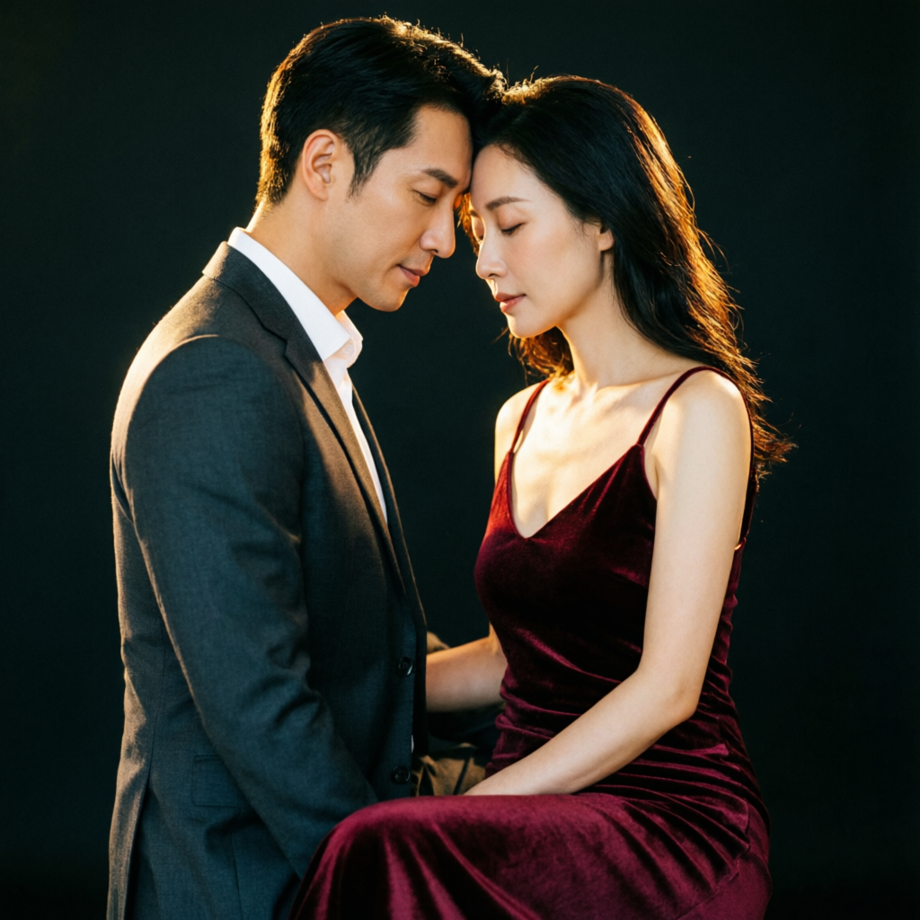 Intimate studio portrait of a couple, foreheads touching under warm rim light