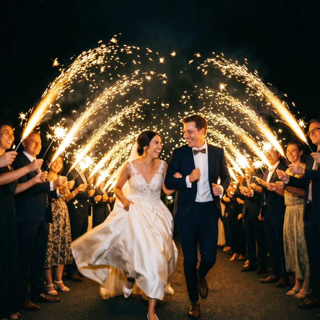 Couple running through a tunnel of sparklers at night