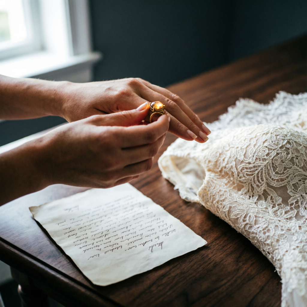 Bride's hands fastening an heirloom ring beside a handwritten vow letter