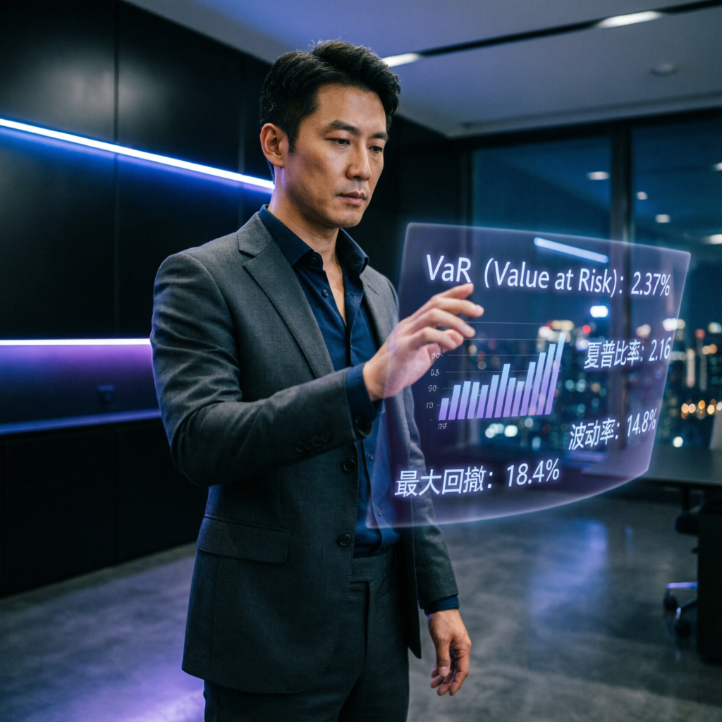 Professional trader analyzing risk management metrics