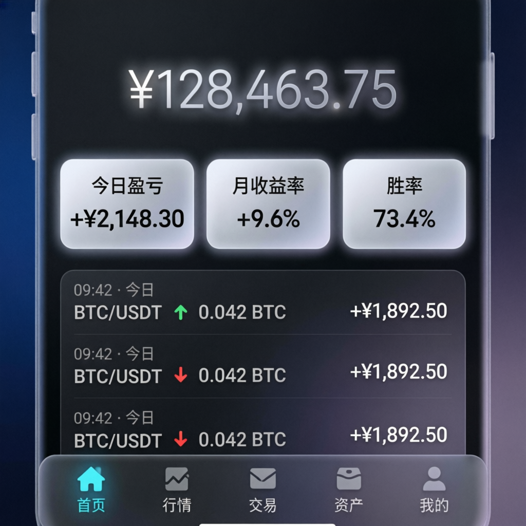 Modern mobile trading app interface showing account balance and profit metrics