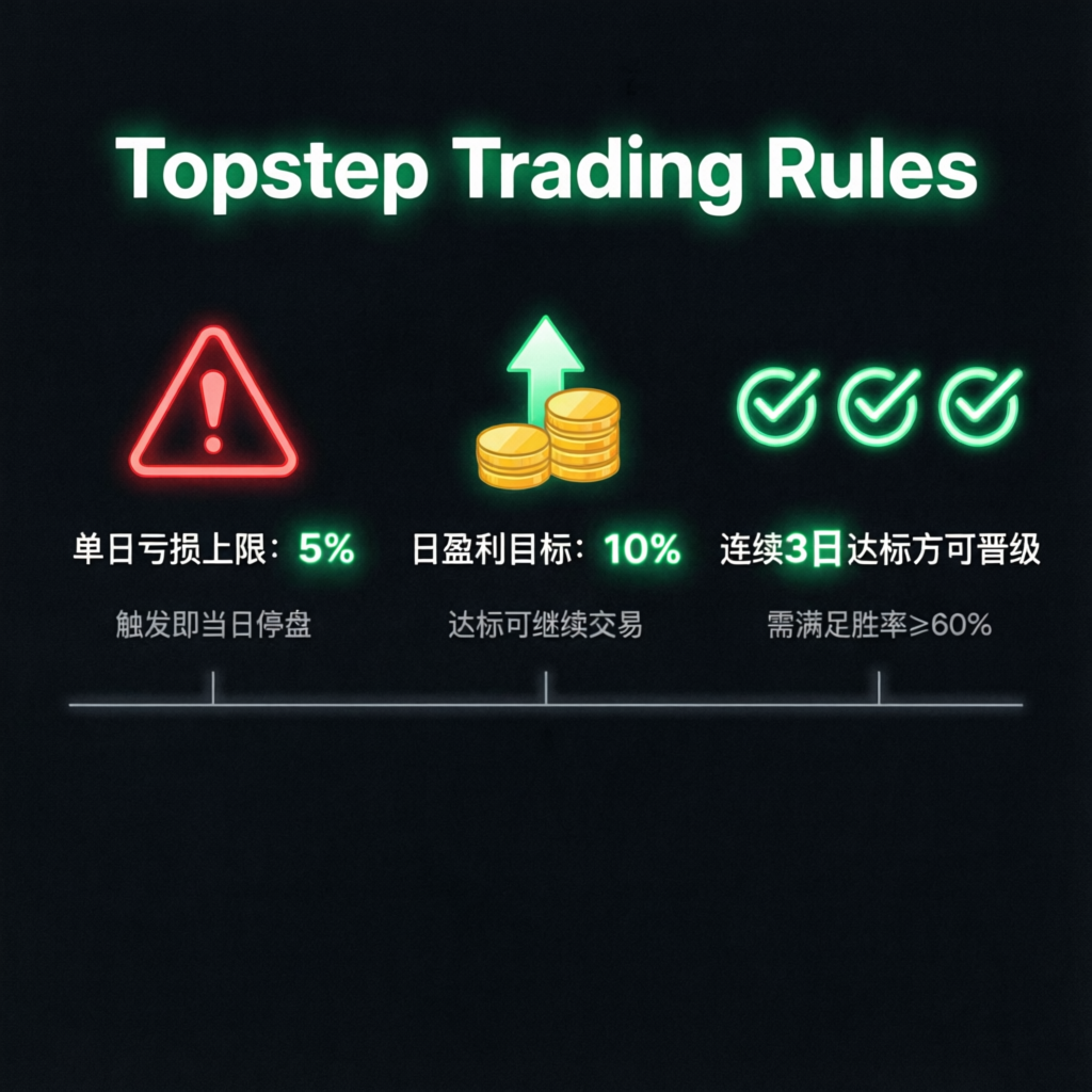 Topstep trading rules infographic showing daily loss limit, profit target, and consistency requirements