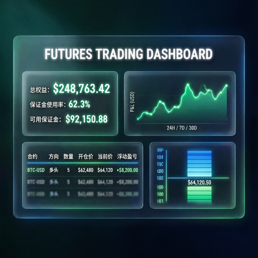 Futures trading dashboard showing account metrics and performance data