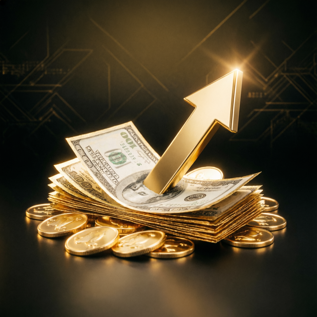 Golden payout success visualization with upward arrow and dollar bills