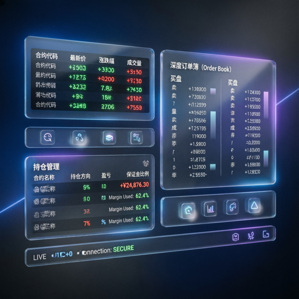 Futuristic trading platform interface with multiple screens and order book