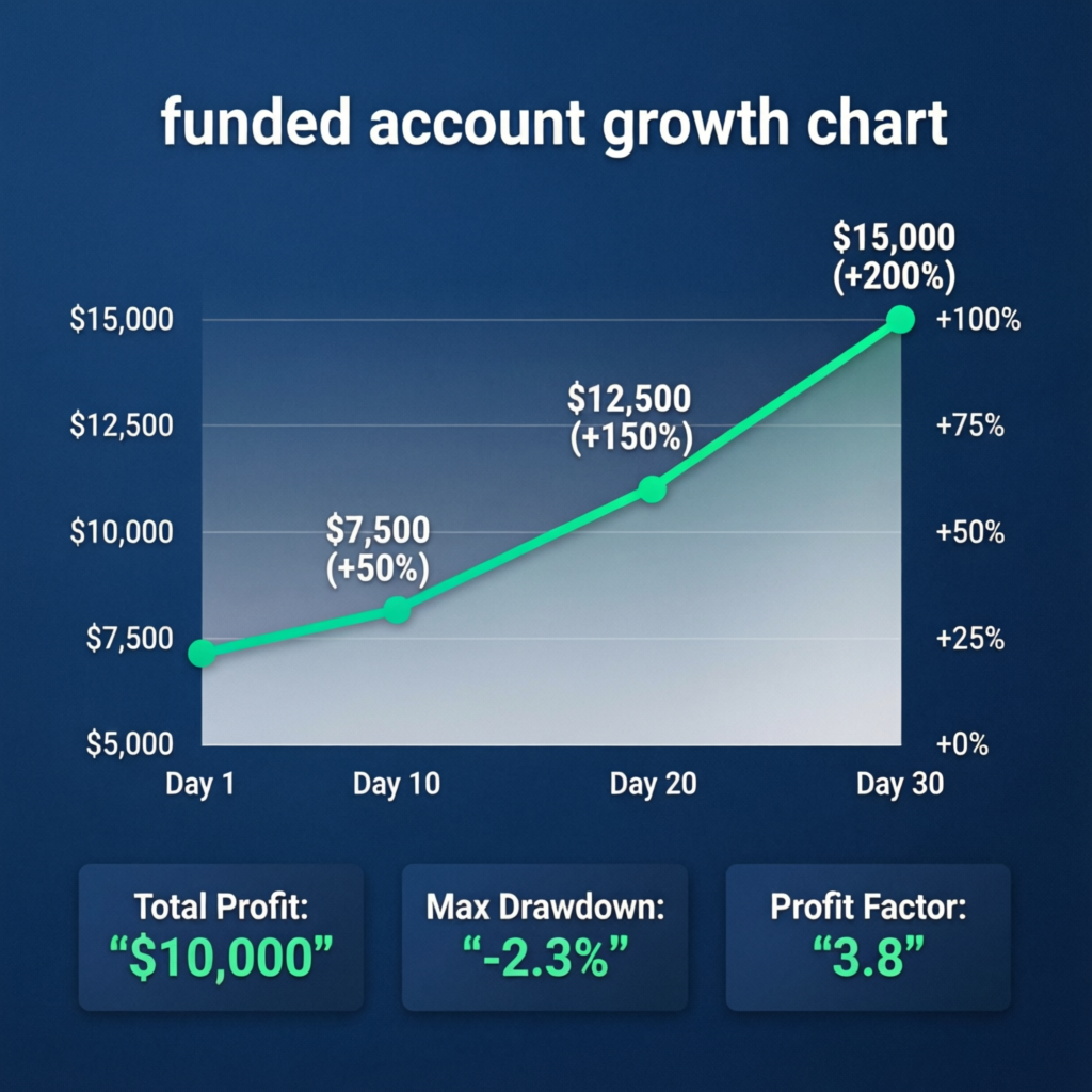 Funded account growth chart showing profit progression through FundedNext challenge phases