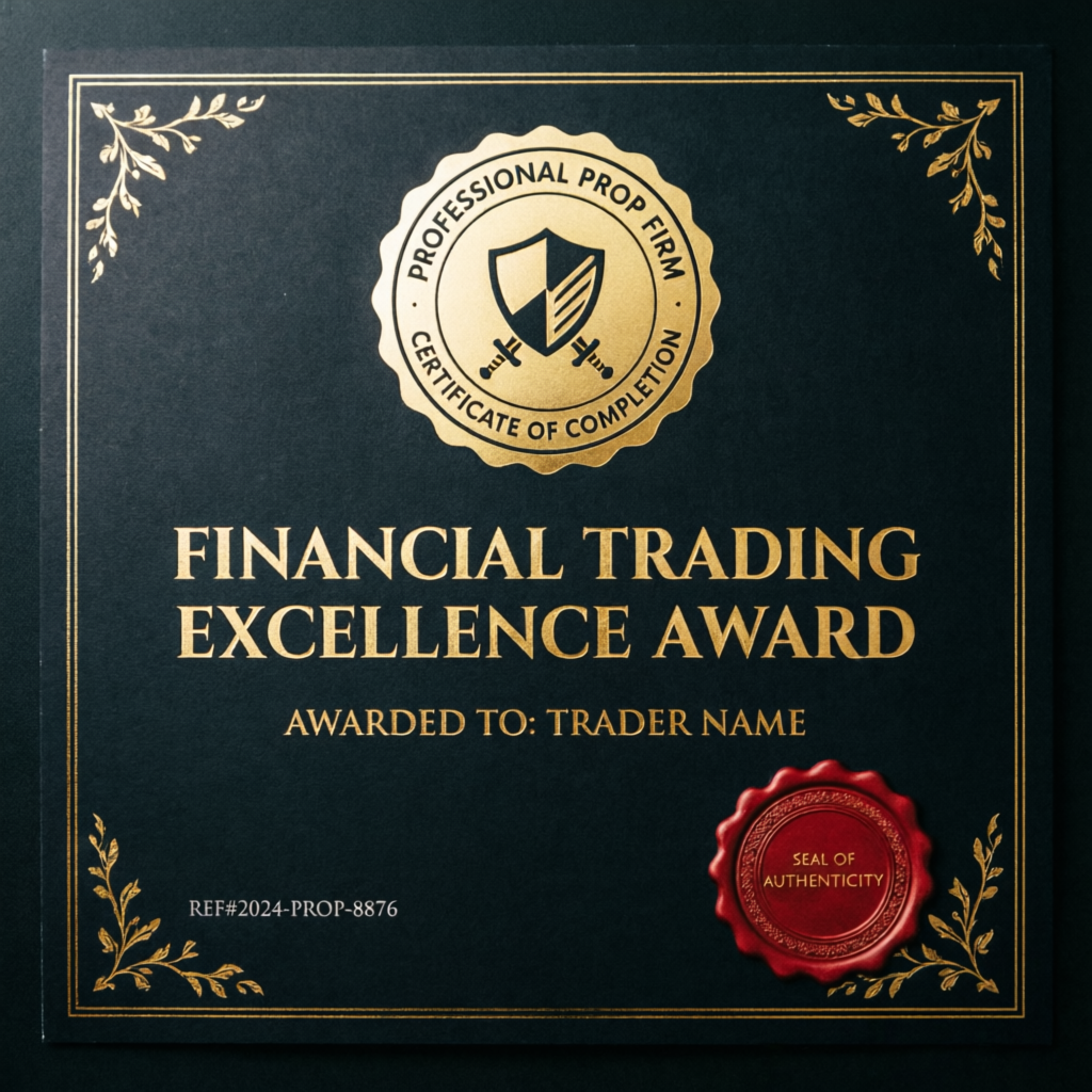 Professional prop firm certificate of completion and financial trading excellence award