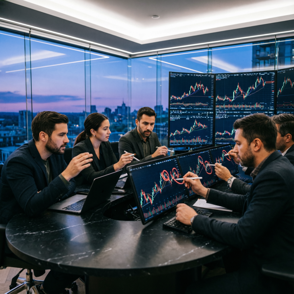 Professional trading team analyzing FundedNext challenge strategies at PFM Capitals