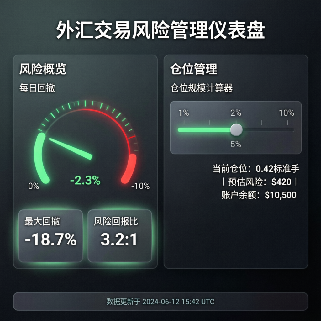 Forex trading risk management dashboard showing drawdown metrics and position sizing for FundedNext challenges