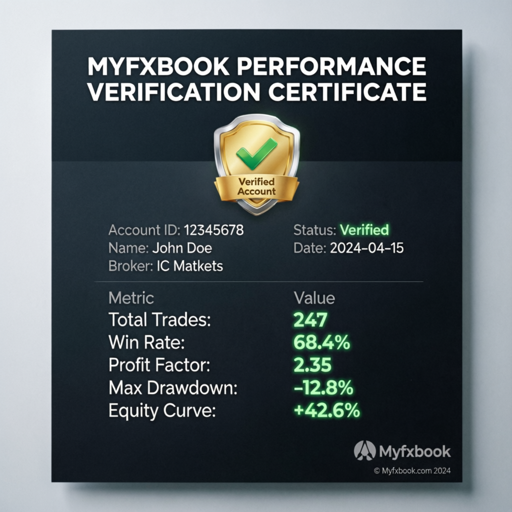 Myfxbook performance verification certificate showing verified trading results and statistics