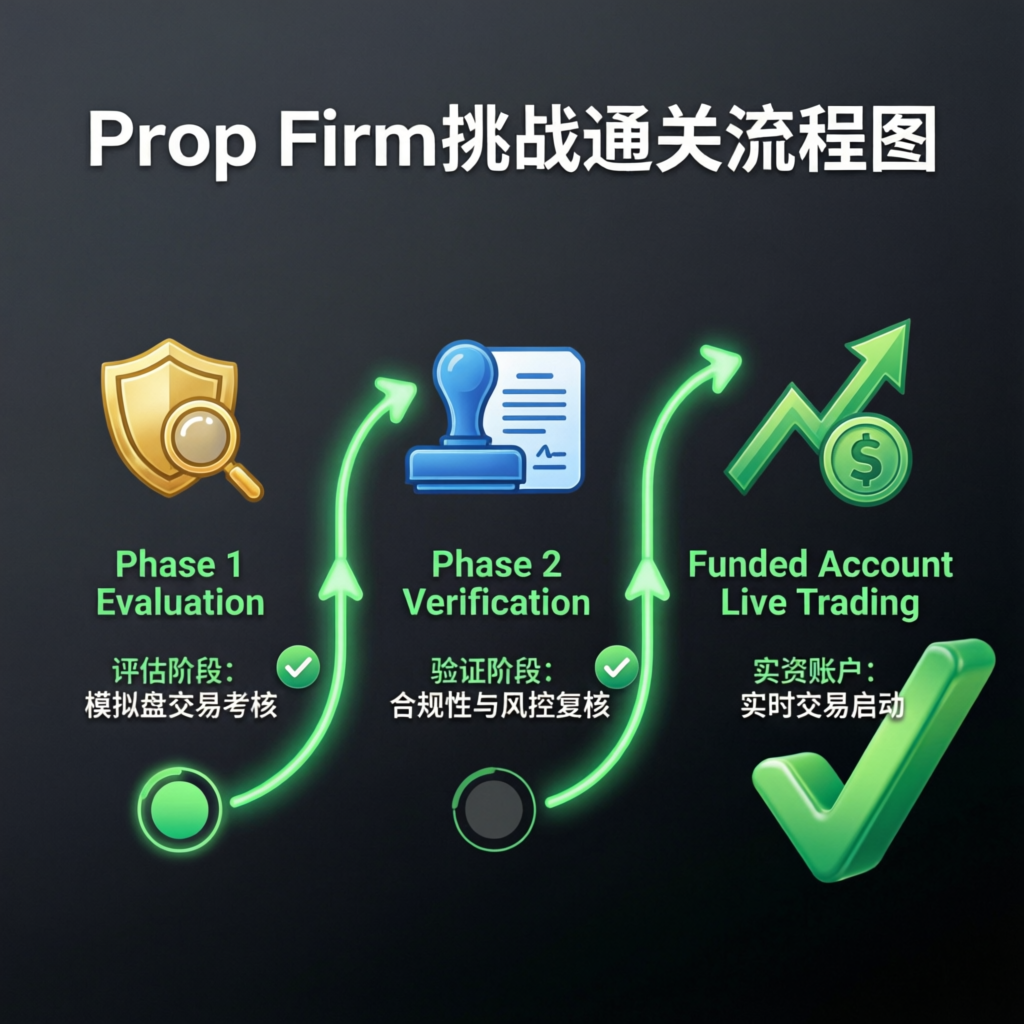 Step-by-step flowchart showing FundedNext challenge passing process with evaluation, verification, and live trading phases