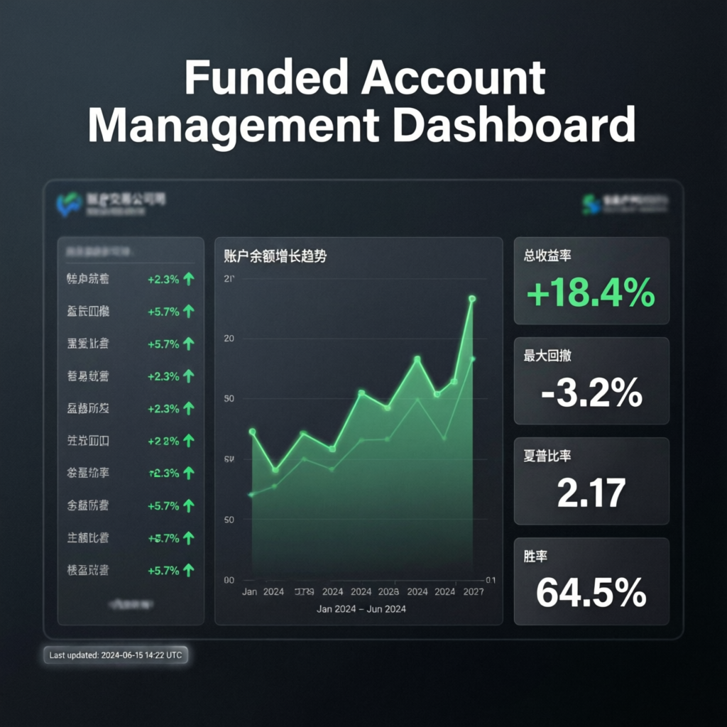 Funded account management dashboard showing performance metrics and profit tracking for prop firm challenges