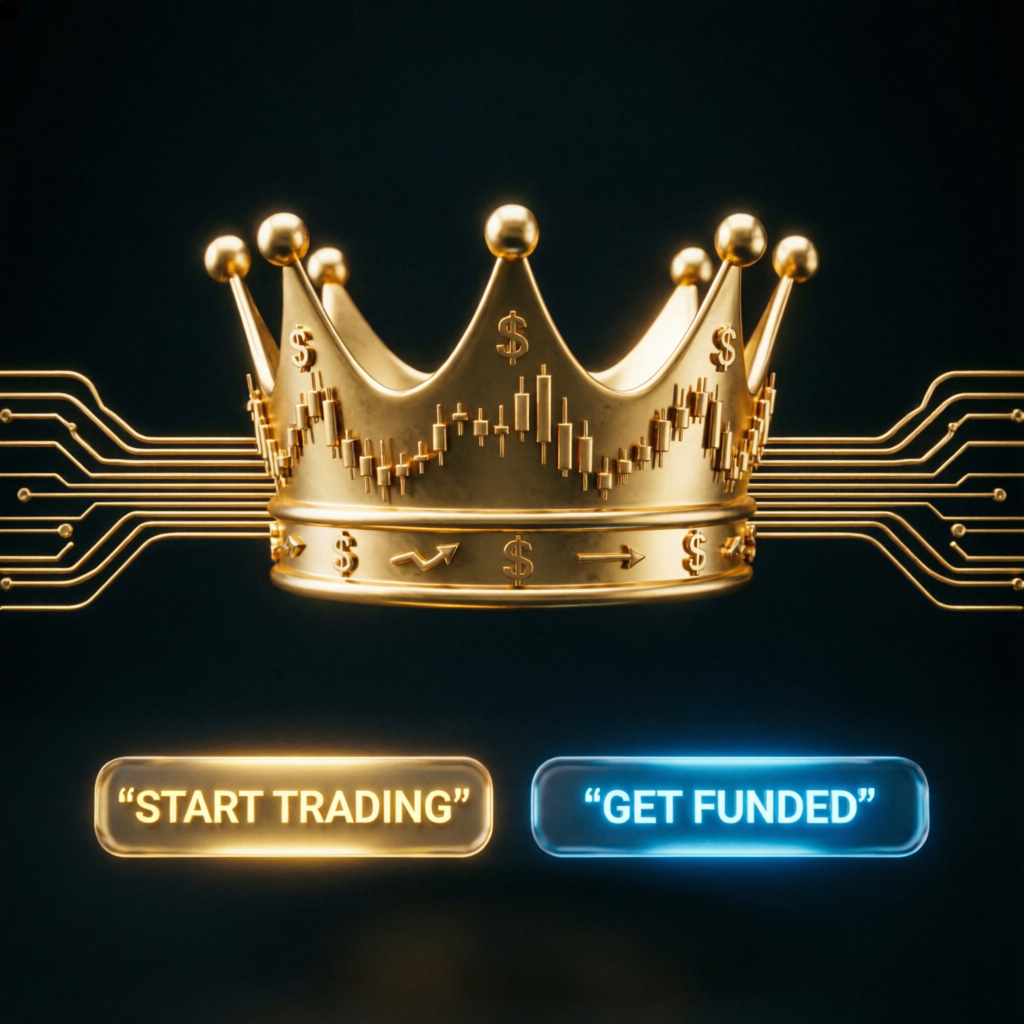 Premium CTA banner with golden crown and trading elements