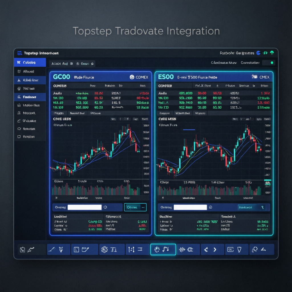 Topstep Tradovate integration showing futures trading interface with GC and ES contracts
