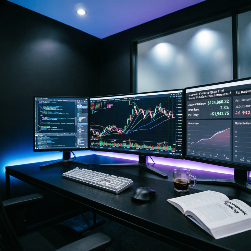 Professional forex trader workspace with multiple monitors showing live charts