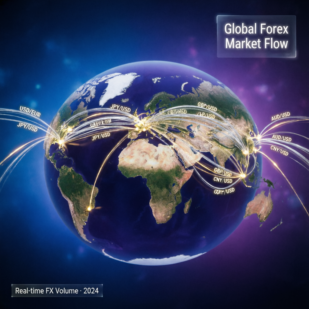 Global forex market flow visualization showing worldwide trading connections