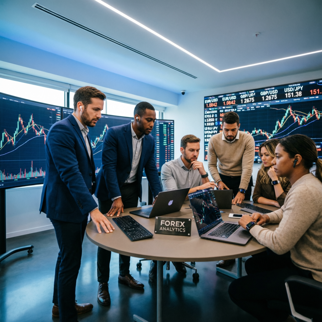 Team of professional forex traders and analysts in modern trading office