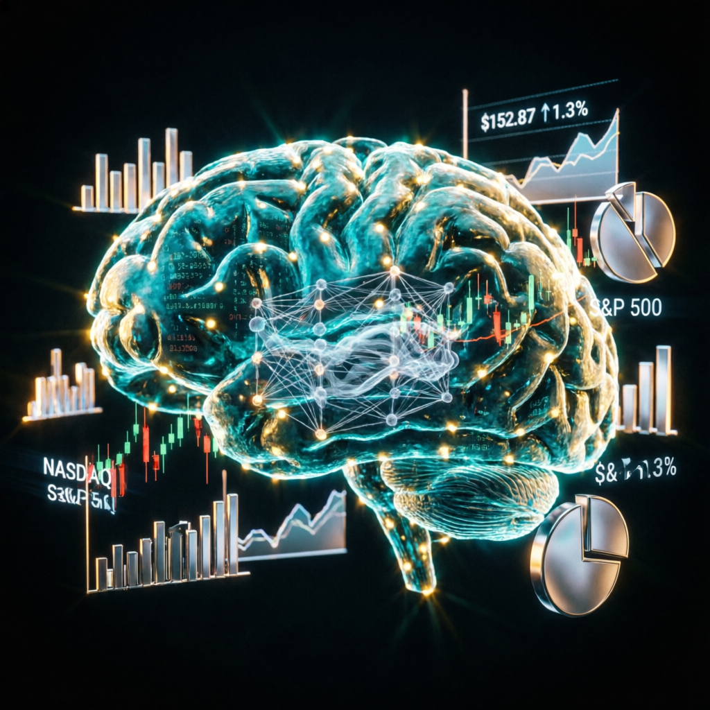 AI brain merged with financial charts representing intelligent trading strategies