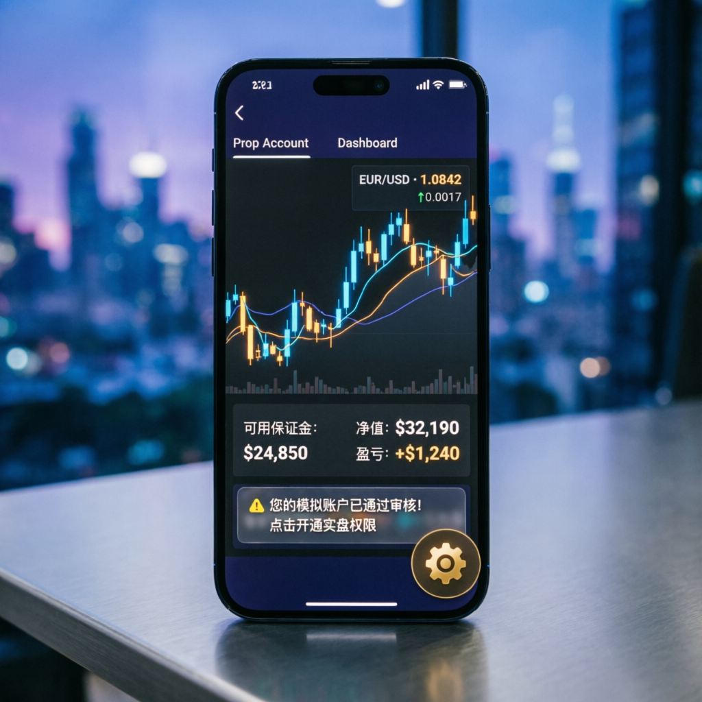 Mobile trading app showing prop account dashboard