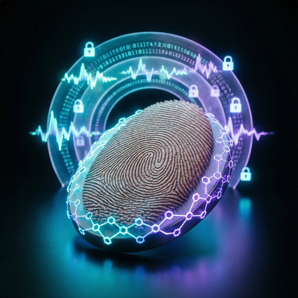 Security and trust concept with fingerprint and blockchain encryption
