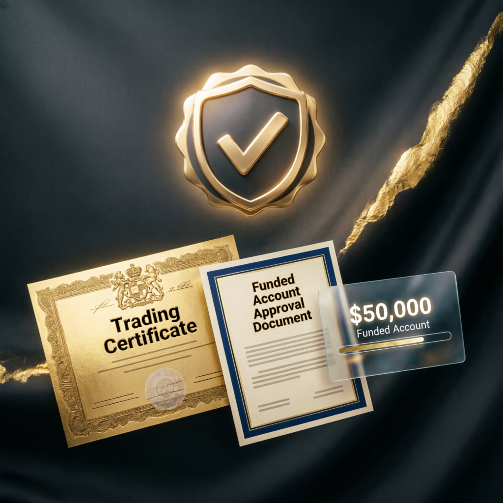 Trading certificate and funded account approval document with golden shield