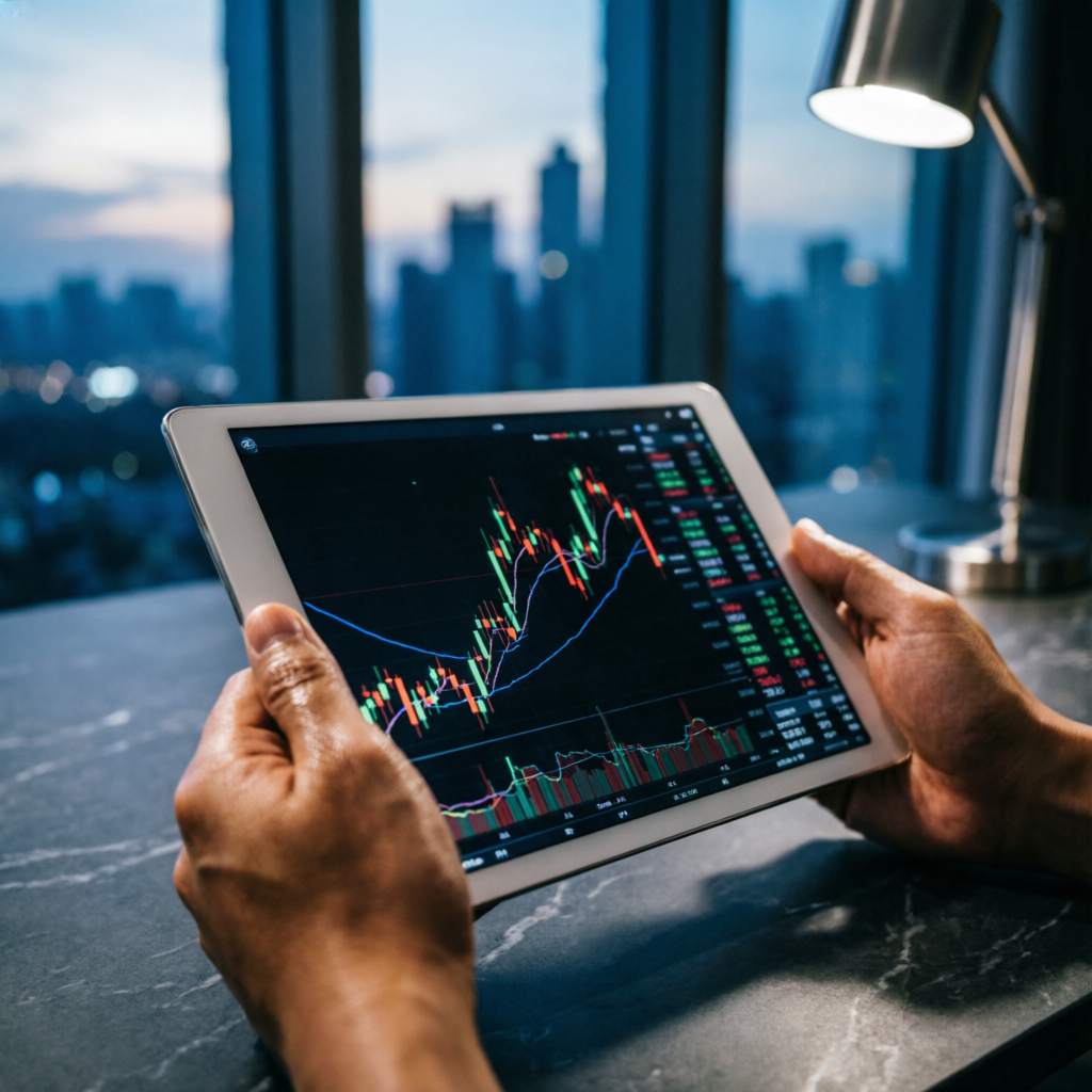 Professional trader analyzing forex charts on tablet device