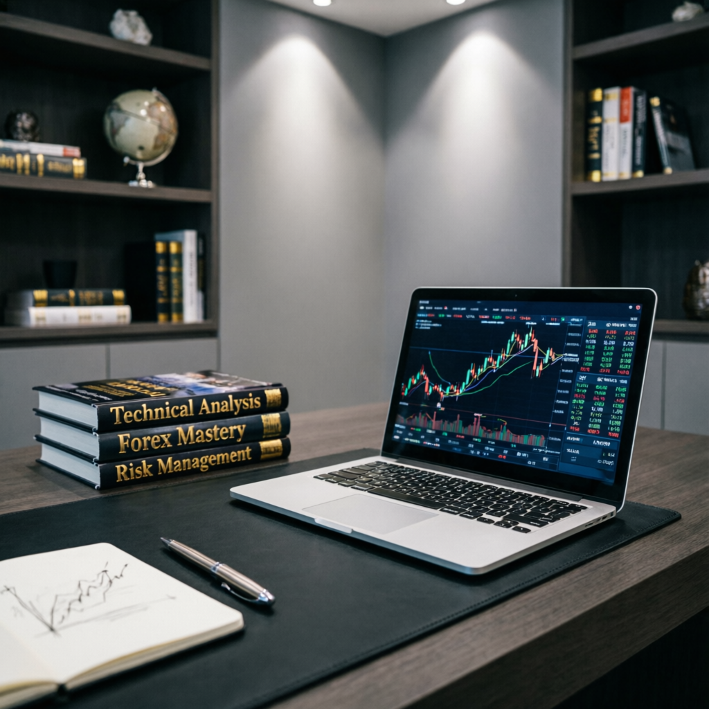 Trading education materials with technical analysis books and laptop