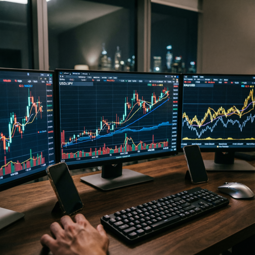 Multiple trading screens showing forex charts and technical analysis